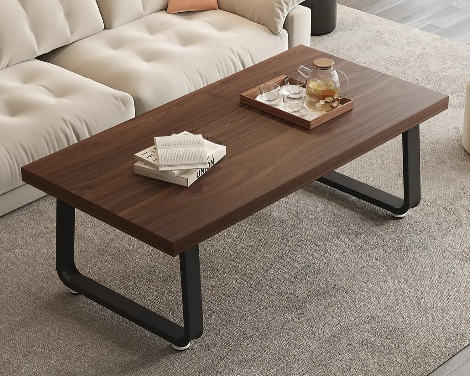 Rustic Walnut Coffee Table, Mid Century Modern Center Table, Rectangle Industrial Living Room Coffee Table, Walnut, 47 in