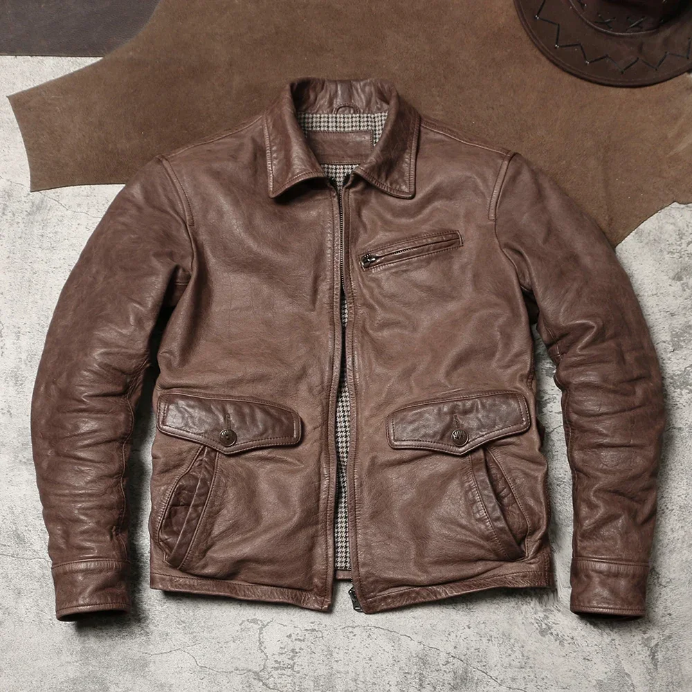 

Jacky Cheung's Short Flip Collar Amikaki Leather Jacket with Retro Vintage Leather Jacket, Wax Dyed Unpainted Cowhide