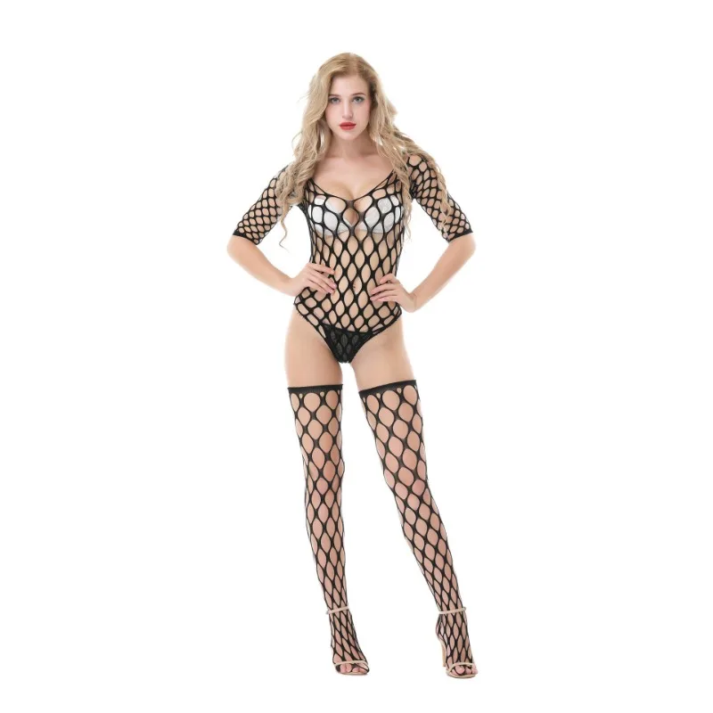 Body Sexy de malla transparente para mujer, recortes de cuerpo completo, manga media, disfraz de juego de rol elástico, conjunto de lencería seductora para Club nocturno SM