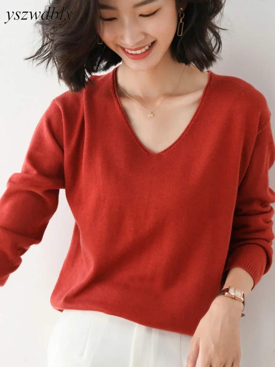 YSZWDBLX Womens Pullovers Sweater Solid Bottoming Shirt V-neck Knitwear Spring Autumn 2024 Basic Korean Sweater Jumpers