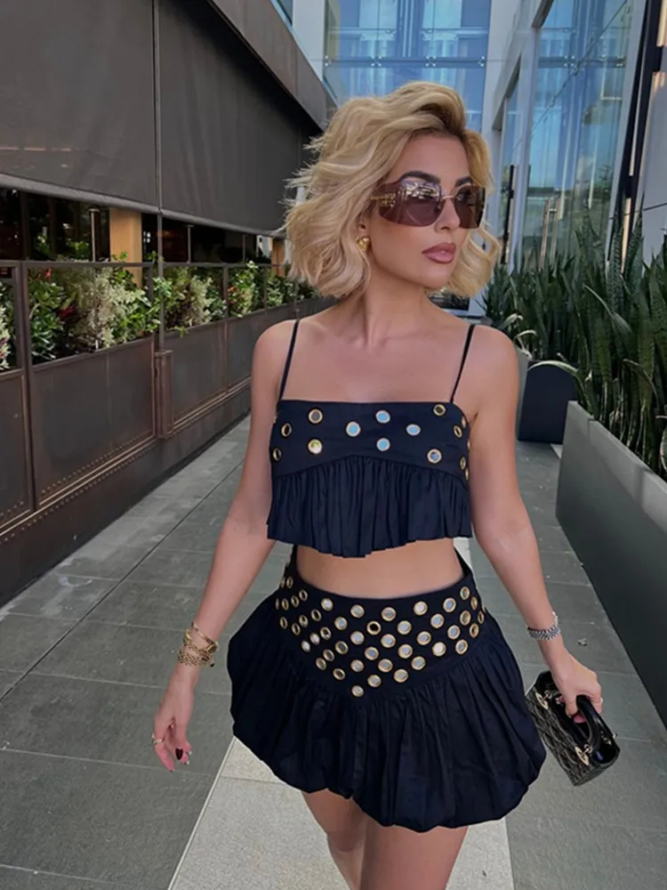 

SKMY 2025 Spring Summer Women Clothing Fashion Casual Sets Hollow Out Glitter Tank Top And Mini Skirts Two Piece Outfits