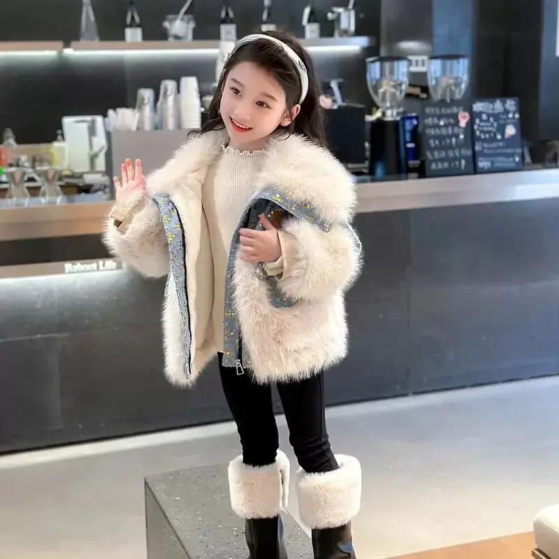 2025 New Winter Jacket Kids Girl Parkas Warm Faux Fur Coat For Girls Children Sequin Winter Clothes Soft Party Baby Girl Coats