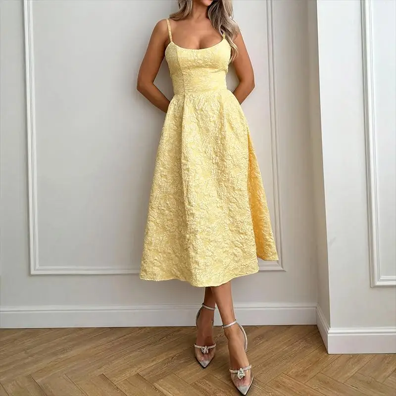 

Women's Yellow Textured Midi Dress Spaghetti Strap Square Neck A Line Flowy For Evening Party Wedding Guest Formal Wear