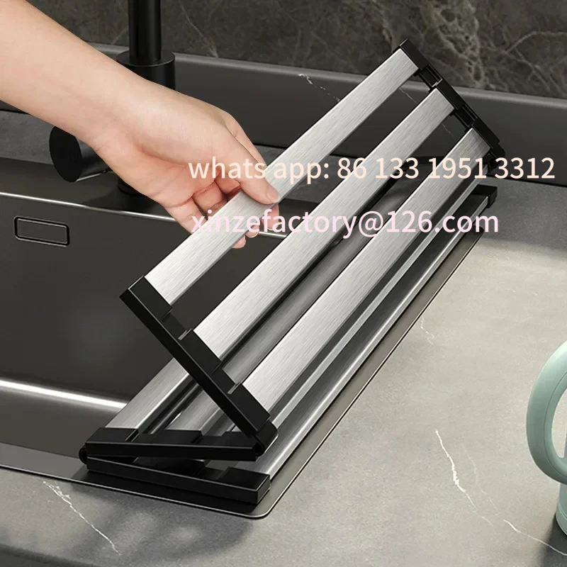 

Customizable 304 stainless steel kitchen sink drain rack, sink bowl and dish storage rack, foldable and retractable drain basket