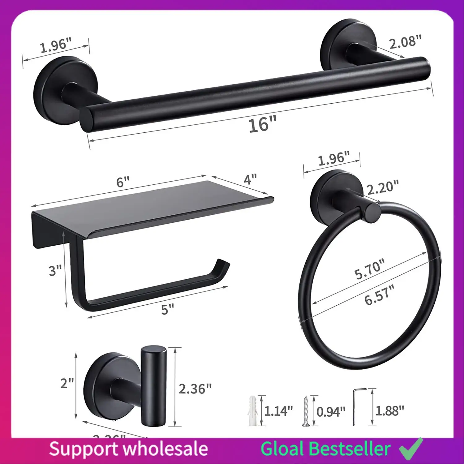 

A38M 5 Pieces Bathroom Hardware Set, Include 16 Inches Towel Bar, Towel Ring, Toilet Paper Holder With Shelf, 2 Hooks