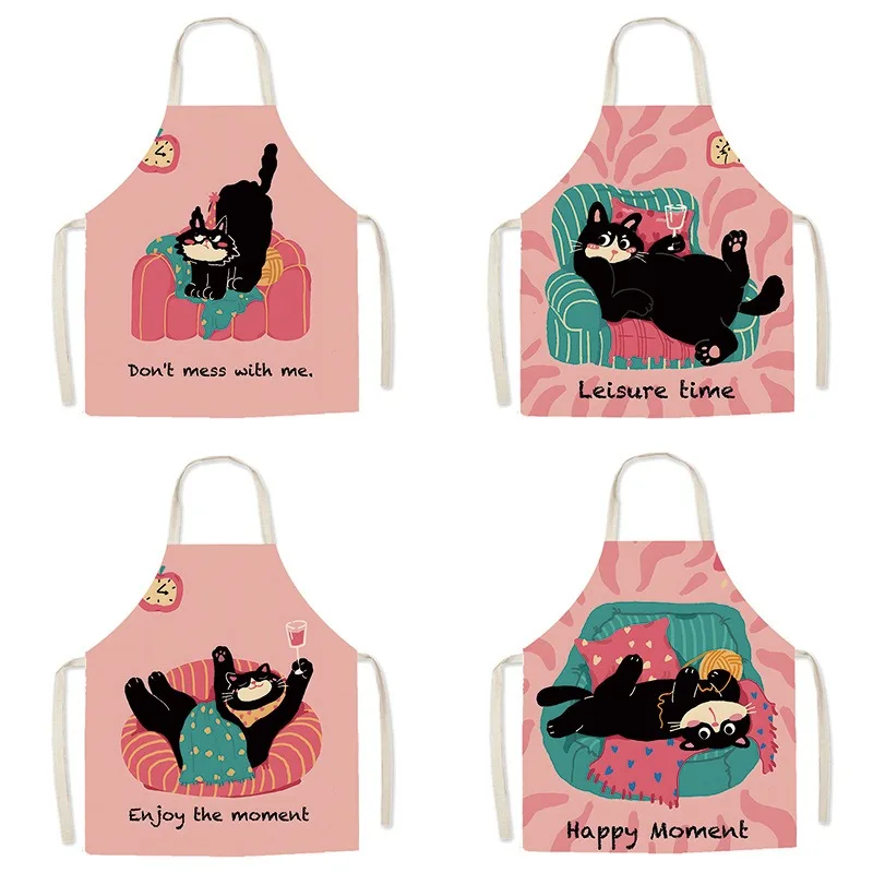 Pink Black Cat Printed Apron Sleeveless Cotton Linen Pinafore for Women Kitchen Cooking Baking Barista Work Bib Cleaning Tool
