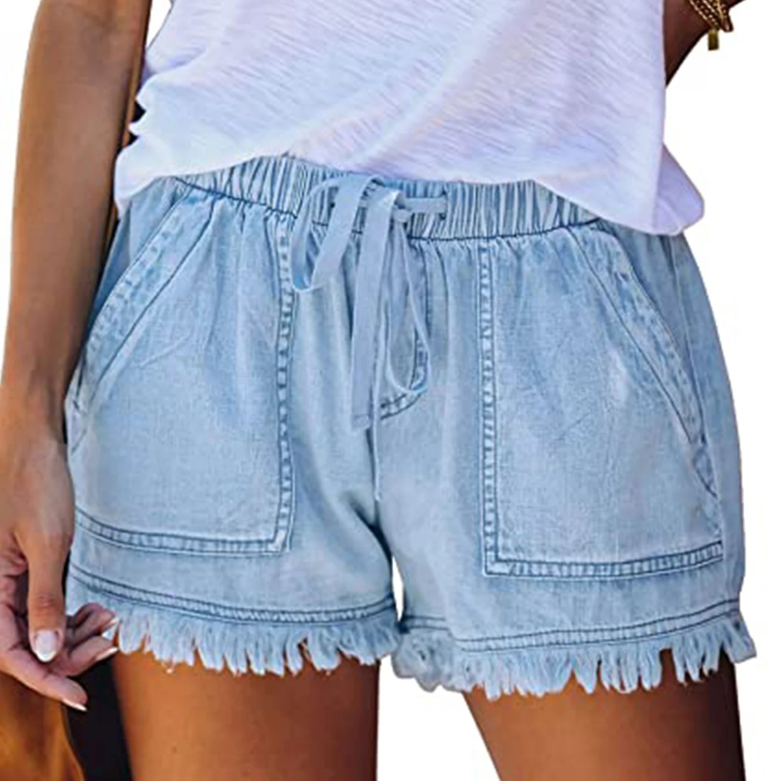 Fashion Women’s Washed Denim Shorts Casual Drawstring Elastic Waist Frayed Hem Loose Short Jeans Streetwear