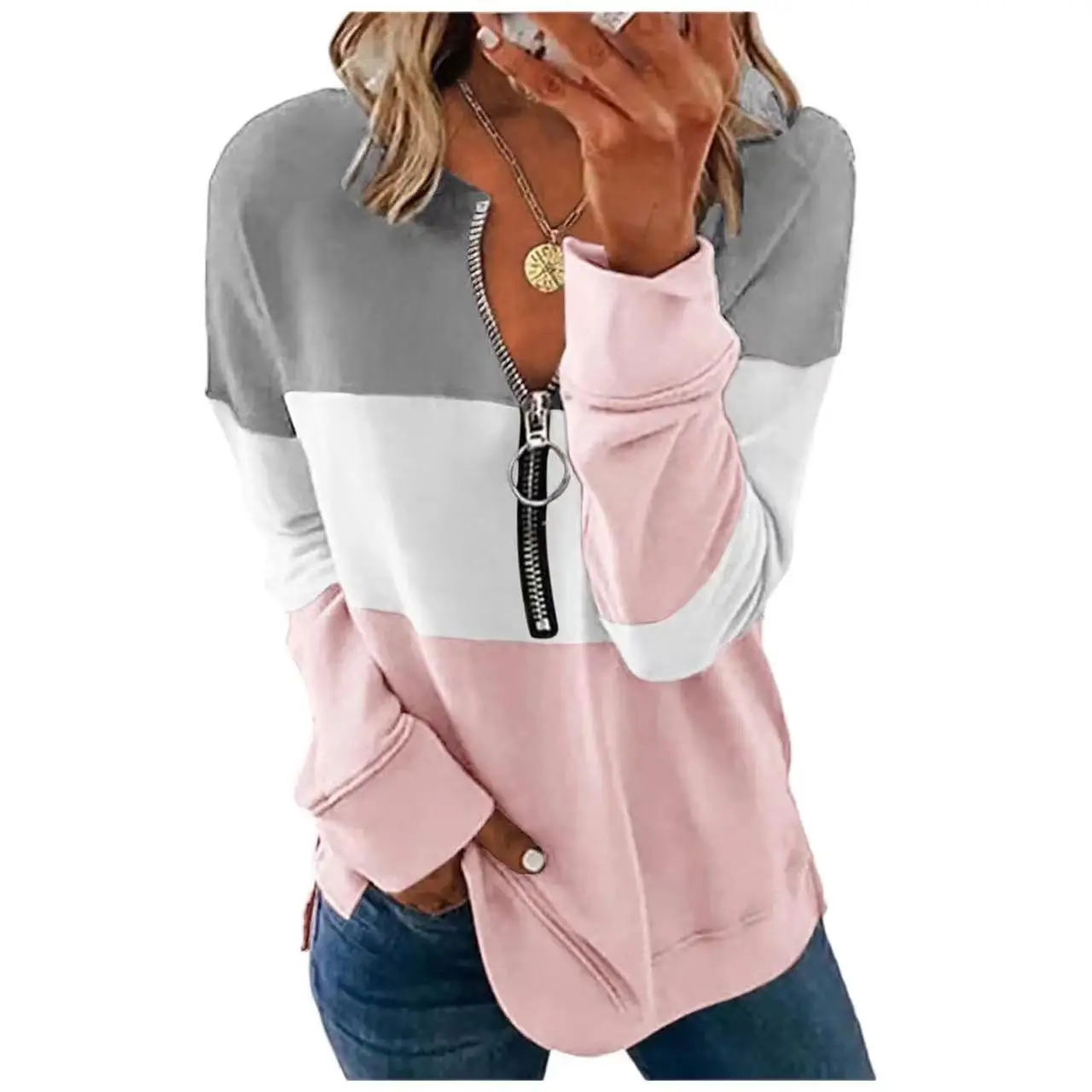 Round Neck Women's Autumn Zippered Long Sleeved Cross-Border Fashionable Temperament Color Blocking Polo ShirtWF4