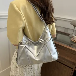 Trendy Shoulder Bag Hot Sale PU Leather Large Capacity Totes Bag Bowknot Casual Messenger Bag Lady Silver Handbags and Purses 