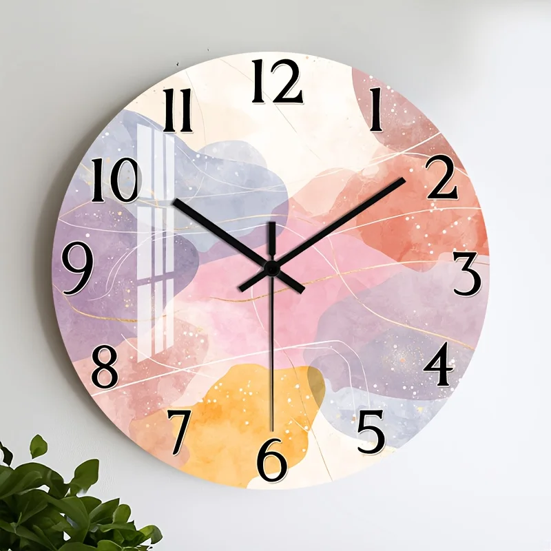 1pc 2D Flat Wall Clock Non-Ticking Wooden, Circular Clock HD Glossy Lamination Finish Abstract Watercolor Shapes with Golden Accents Design for Living Room, Kitchen, Office, Closet Wall, Guest Room 25.4cm 30.48cm 35.56cm 40.64cm (No Battery), 2D Flat