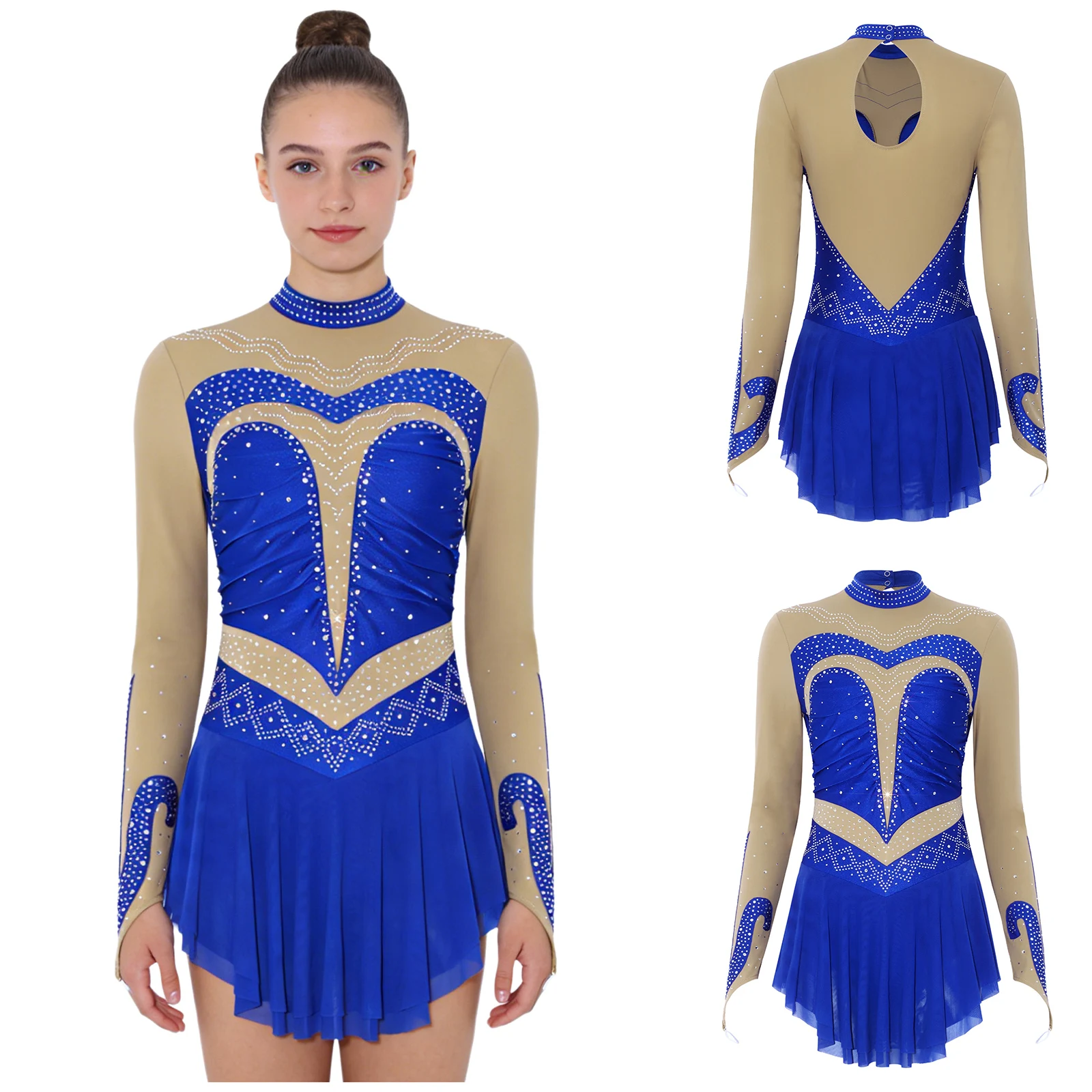 

Women Ballet Latin Dance Performance Bodysuit Dress Rhinestone Ruched Long Sleeve Back Cutout Jumpsuit for Figure Skating Dance