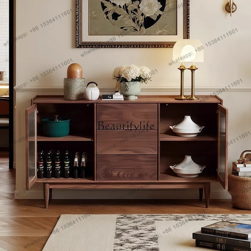 Customization Medieval Wabi-sandy Wind Solid Wood Dining Side Cabinet, Living Room Integrated Storage Storage Cabinet Against Th