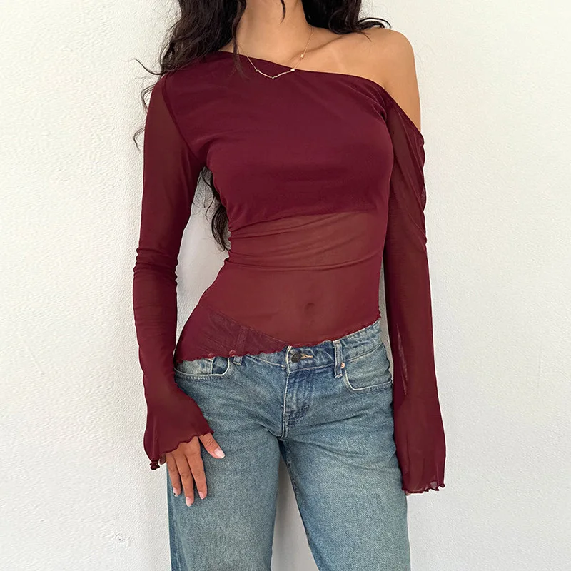 Jesienny Temperament Damski Dopasowany Uniwersalny T-shirt Jednolity Kolor Długi Rękaw Moda Damska Wiosna 2025 Odzież Sezonowa