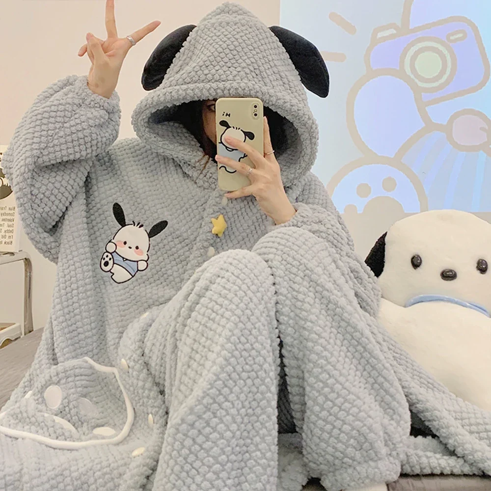 Women Warm Night-Robe Set Kawaii Pochacco Cartoon Sanrio Anime Kuromi Bathrobe Coral Fleece Thicken Homewear Girls Nightgown