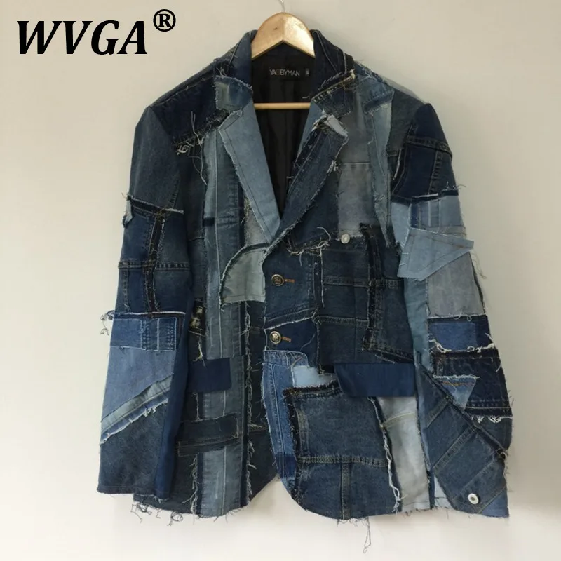

WVGA Spring Autumn New Man Tide High Street Heavy Tear Patchwork Design Trendy Blazer Niche Casual Denim Patch Suit-Coats W10582