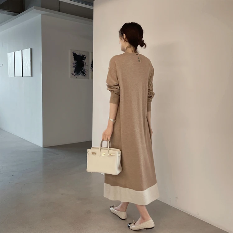 Korean Japanese Chic Long Knitted Dress Knee-Length Lazy Style Spring Loose Simple Elegant Knitted Dress Women's Fashion