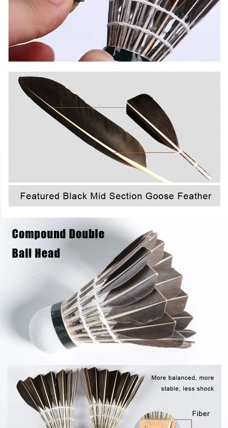 ALP 806 Badminton-Federbälle, 12 Stück, schwarze Gänsefeder-Badmintonbälle für das Training von Badminton-Sportarten, 77 76 Geschwindigkeits-Federball – Detail 6