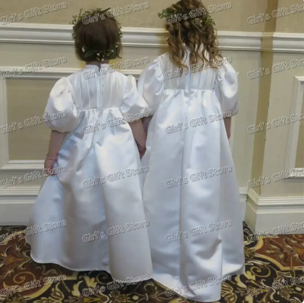 Vestidos de flores para niña, satén blanco, cuello y cintura con perlas con lazo para boda, cumpleaños, banquete, vestidos de comunión