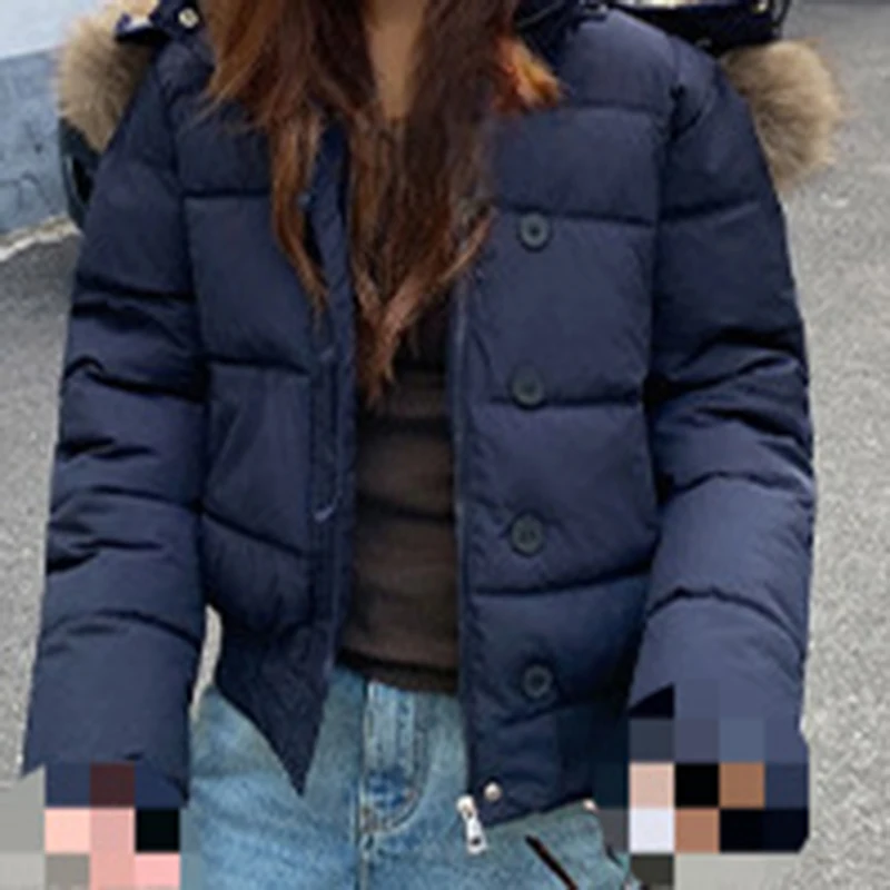 Women's Winter Warm Jacket Korean Thickened Big Fur Collar Hooded Outerwear Fashion Casual Detachable Short Cotton-Padded Coat