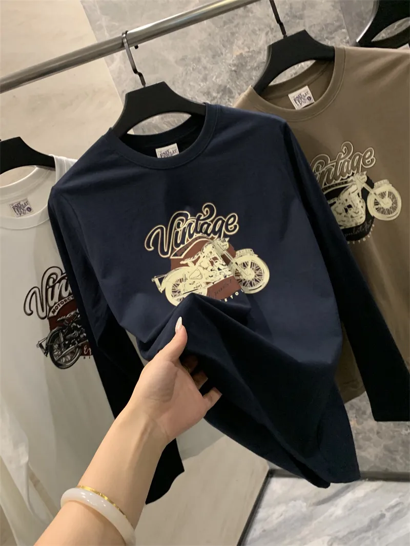 Trendy Washed Brushed Pure Cotton Casual round Neck Long Sleeve T-Shirt for Men Autumn Season Couple Matching Comfortable Ski...