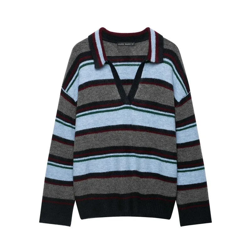 Womens Vintage Striped Knitted Polo Sweater V Neck Lapel Collar Loose Oversized Jumper Casual Preppy Dark Academia Outerwear