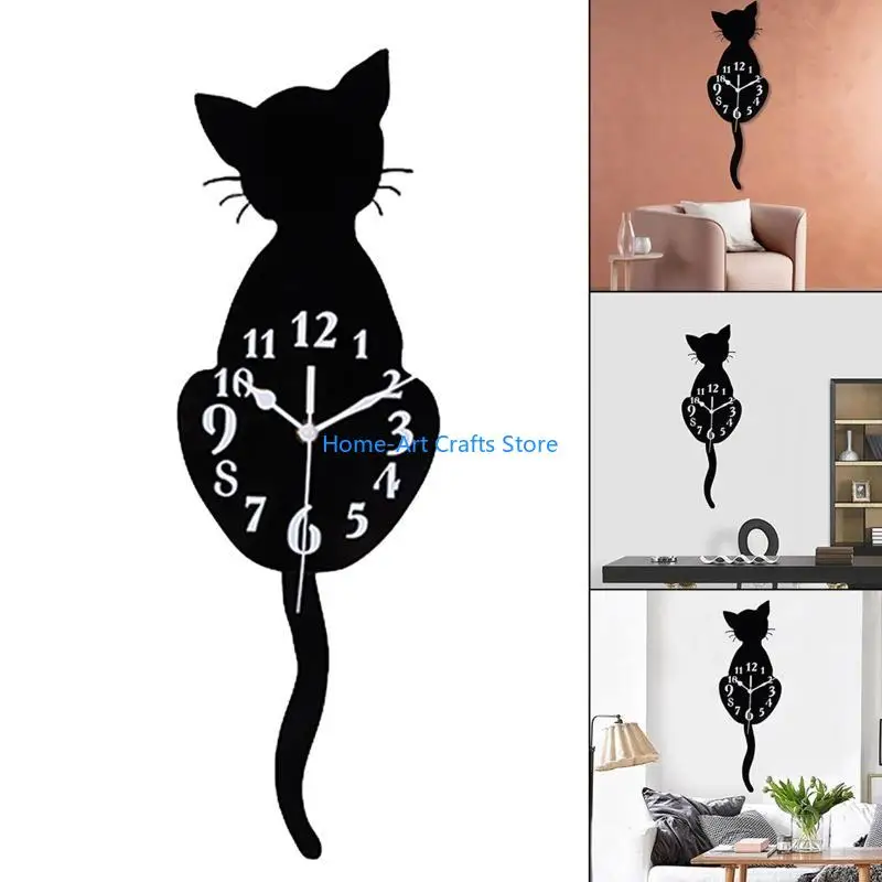 Y3NA Silent for Cat Pendulum Wall Clock with Moving Tail for Home Wall Decor Xmas gif