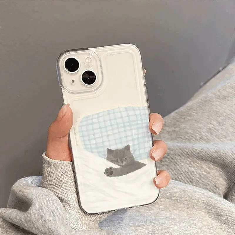 Cute Sleeping Cat Dog Couple Soft Phone Case For iPhone 16 15 14 13 12 11 Pro Max X XR XS MAX 7 8 Plus Mini Y2k Shockproof Cover