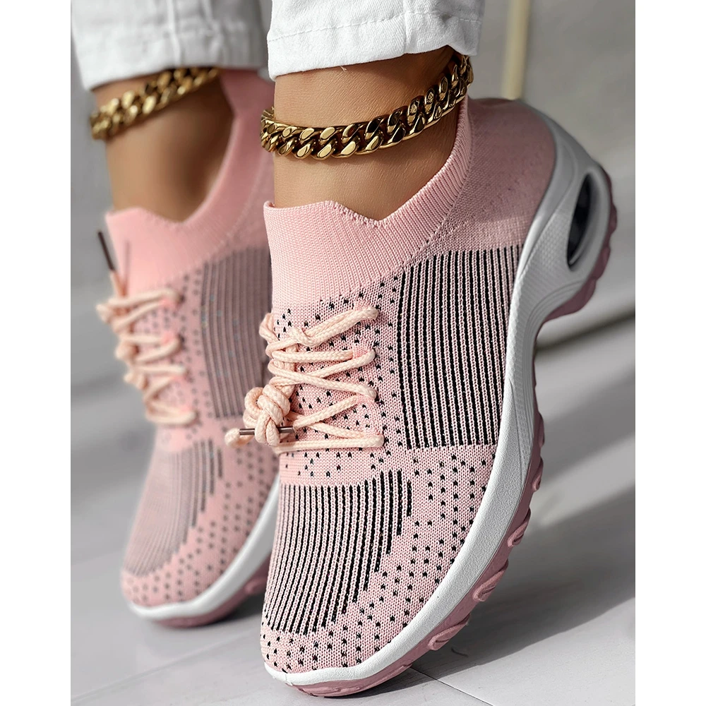 Women Fashion Hollow Out Breathable Knitted Mesh Sneakers Espadrille Femme Casual Round Toe Sports Shoes for Women Pink Shoes