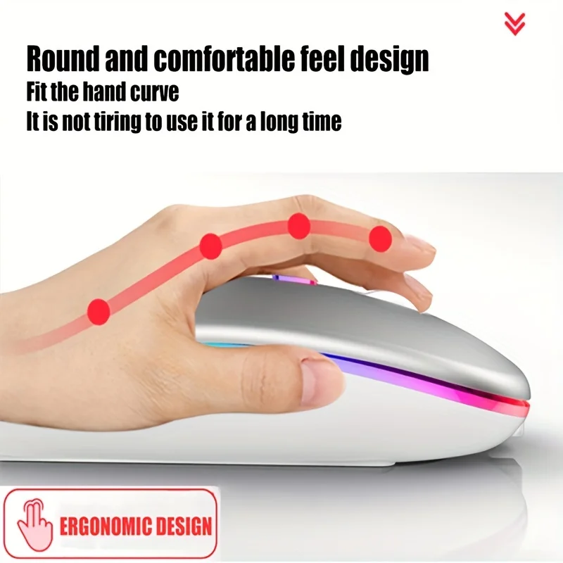 Wireless Mouse Bluetooth and 2.4GHz Dual Modes Rechargeable RGB Ergonomic Silent Click for PC iPad Laptop Cell Phone TV
