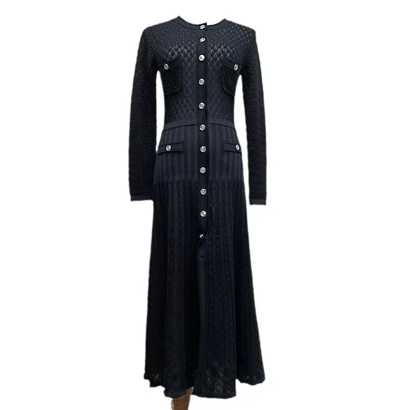 2024 Autumn Winter Fashion Black Long Sleeve O Neck Single Breasted Knit Dress Women Green Elegant Slim Pleated Long Dresses