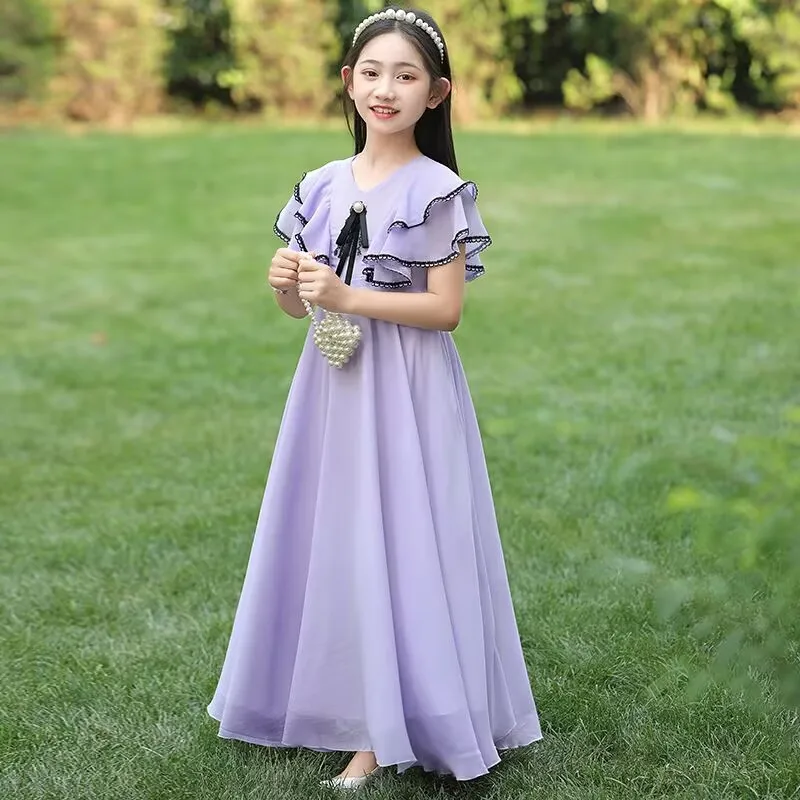 Girls Casual Dresses Fake Two-Layer Summer Dress Korean Bubble Sleeve Princess Gown for Girls