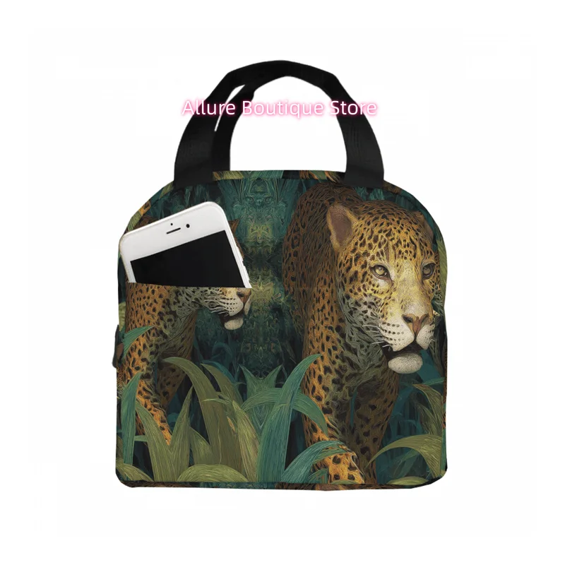 1pc Leopard Print Lunch Box-Like Lunch Bag for Adults - Two-Sided Jungle Design with Black Strap, Green/Yellow/ -like Leopards,