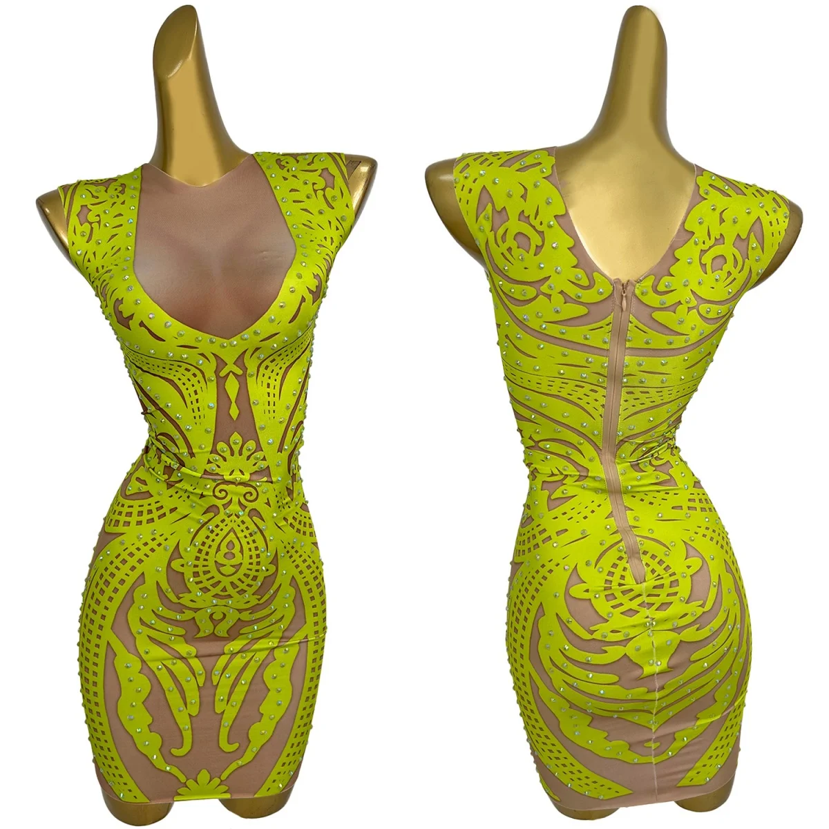 

Spandex Printing Tight Fitting Rhinestone Mini Dress Nightclub Party Dance Stage Performance Outfit Event Show Sleeveless Wear