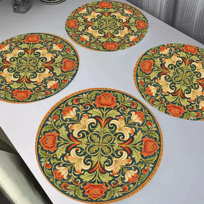 VIKAMA Retro Persian Vintage Mandala Pattern Round Linen Table Mat Insulation and Wear resistant Table Mat Table Decoration