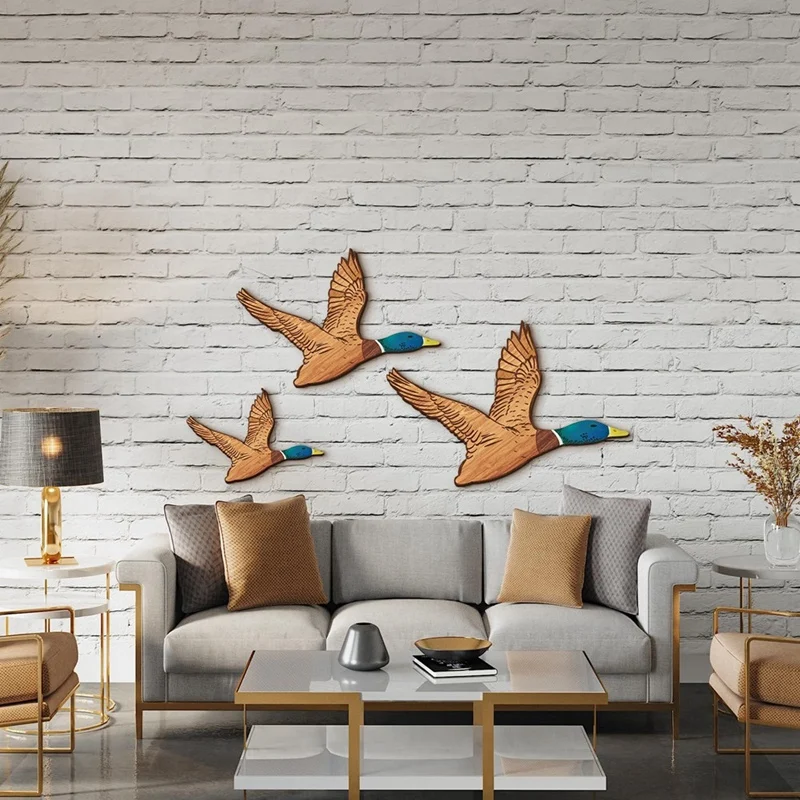 Decoración de pared de patos de madera, pájaros voladores rústicos, arte de pared de madera tallado para el hogar