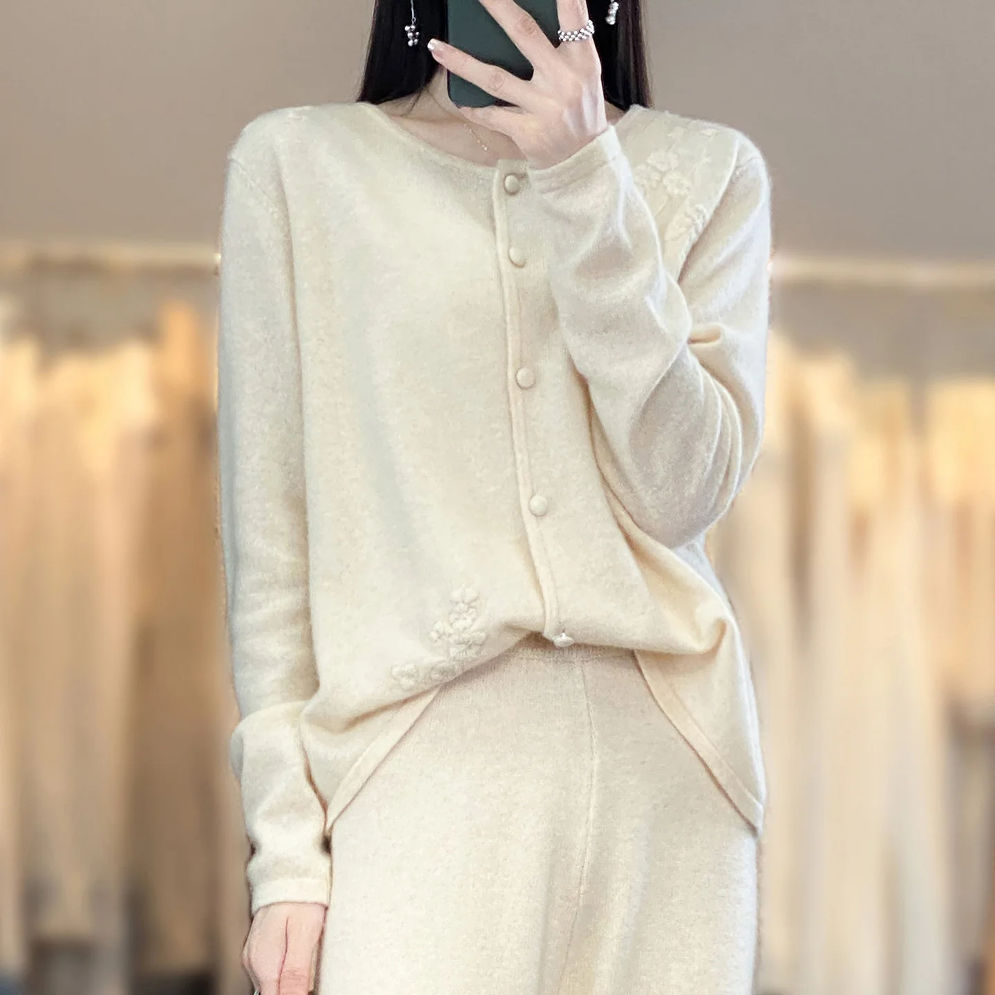 Winter Women Wool Cardigan Thin Round Neck Loose Knit Top New Chinese Style With Plum Blossom Embroidery   Women's sweater