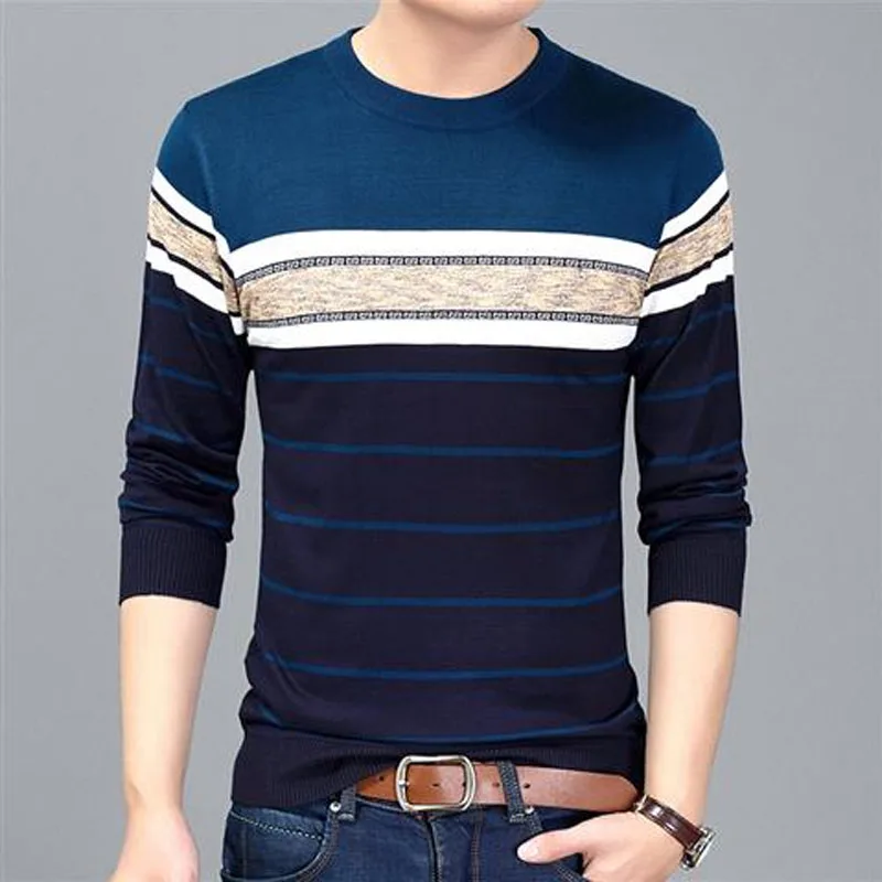 

Men's New Fashion Korean Slim Fit Long Sleeve Striped Patchwork Round Neck Casual Comfortable Commuter Top 2023 Spring Autumn