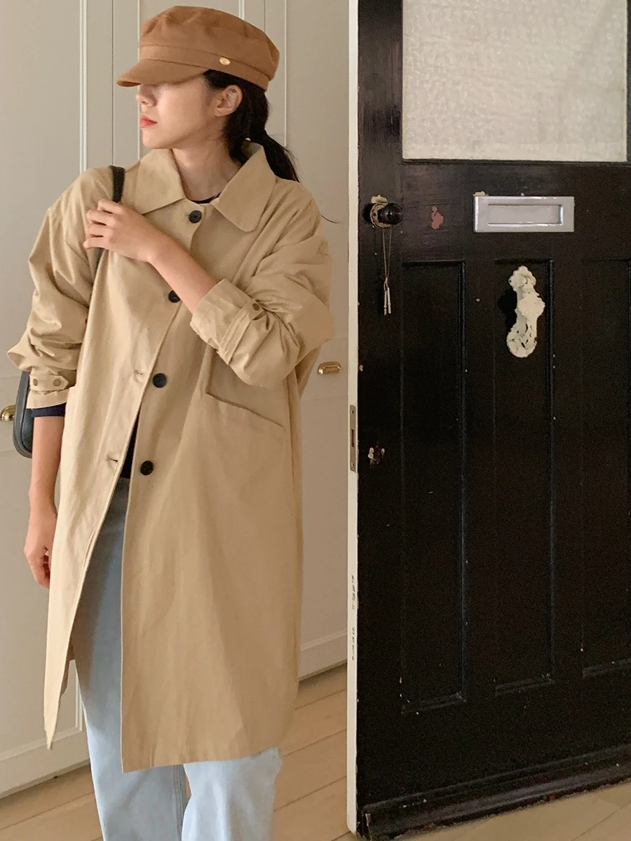 

Chic Spring Women's Vintage Simple Turn-down Collar Single Button Versatile Mid-length Thin Coat Trendy Windbreaker Jaet