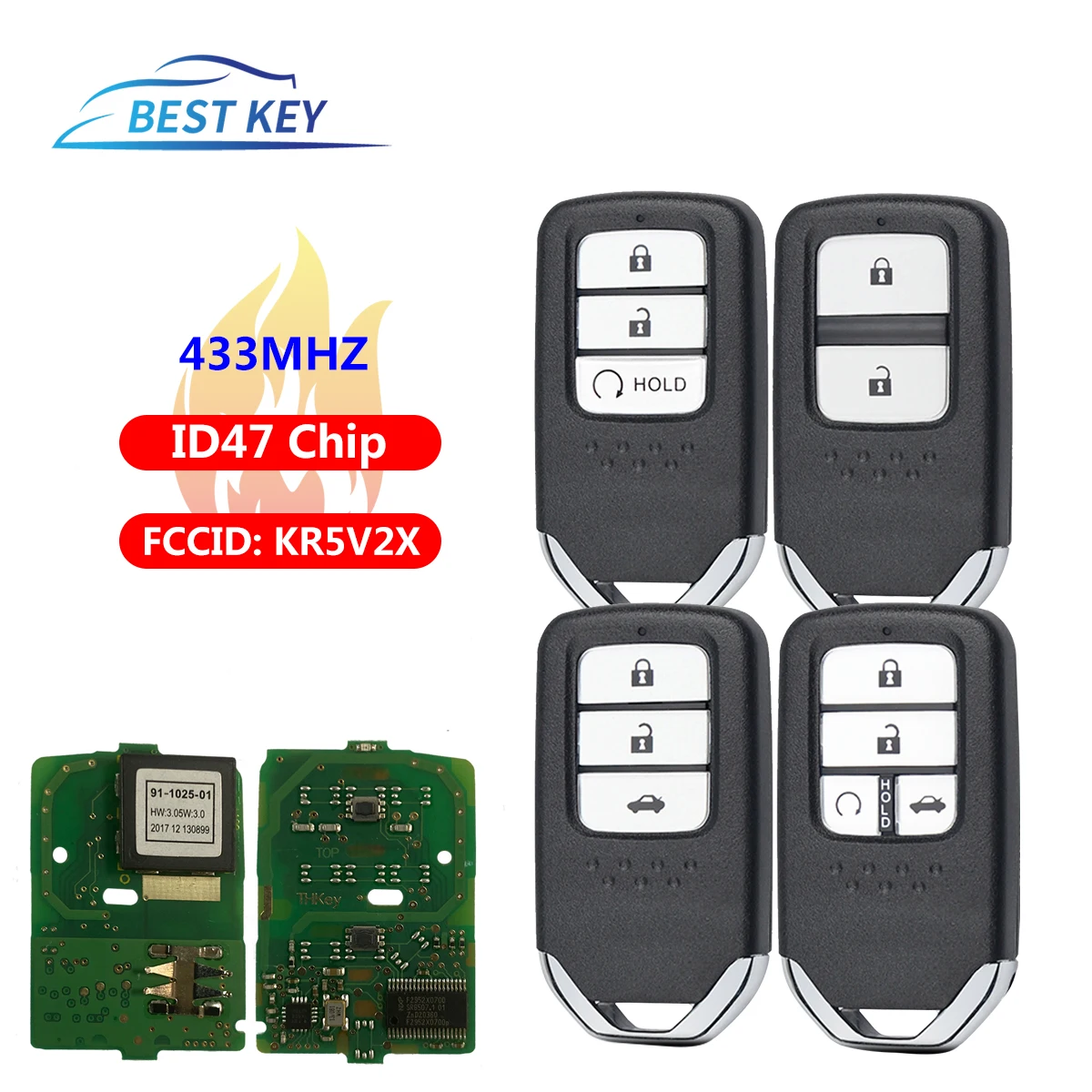 BEST KEY Smart Remote Car Key For Honda Jazz CRV Pilot Accord Civic Fit Freed HRV 2014 2017 FCCID: KR5V2X 433Mhz ID47 Keyless Go