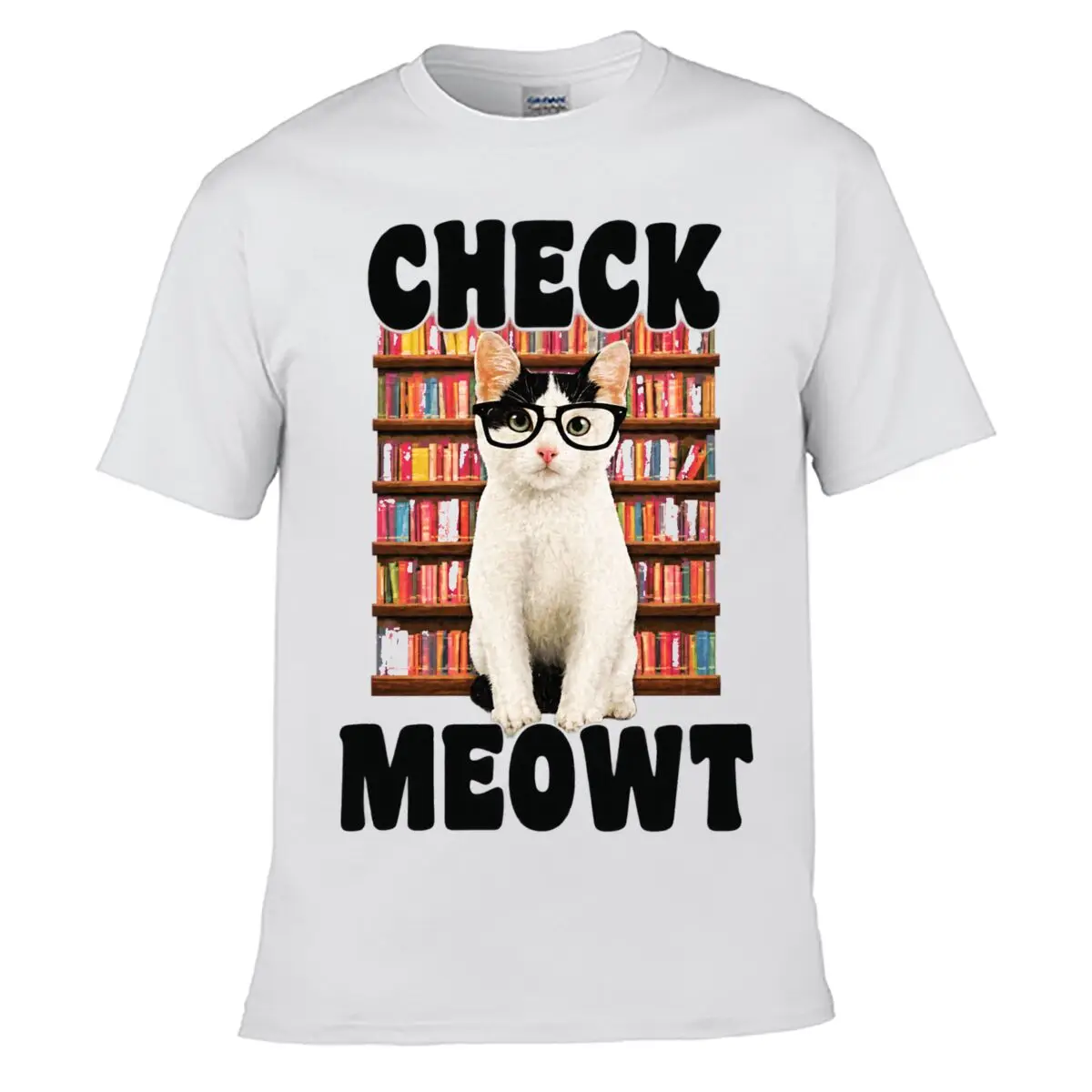 Check Meowt Funny Nerd Cat Glasses Bookshelf Graphic Men Summer T-shirt Top