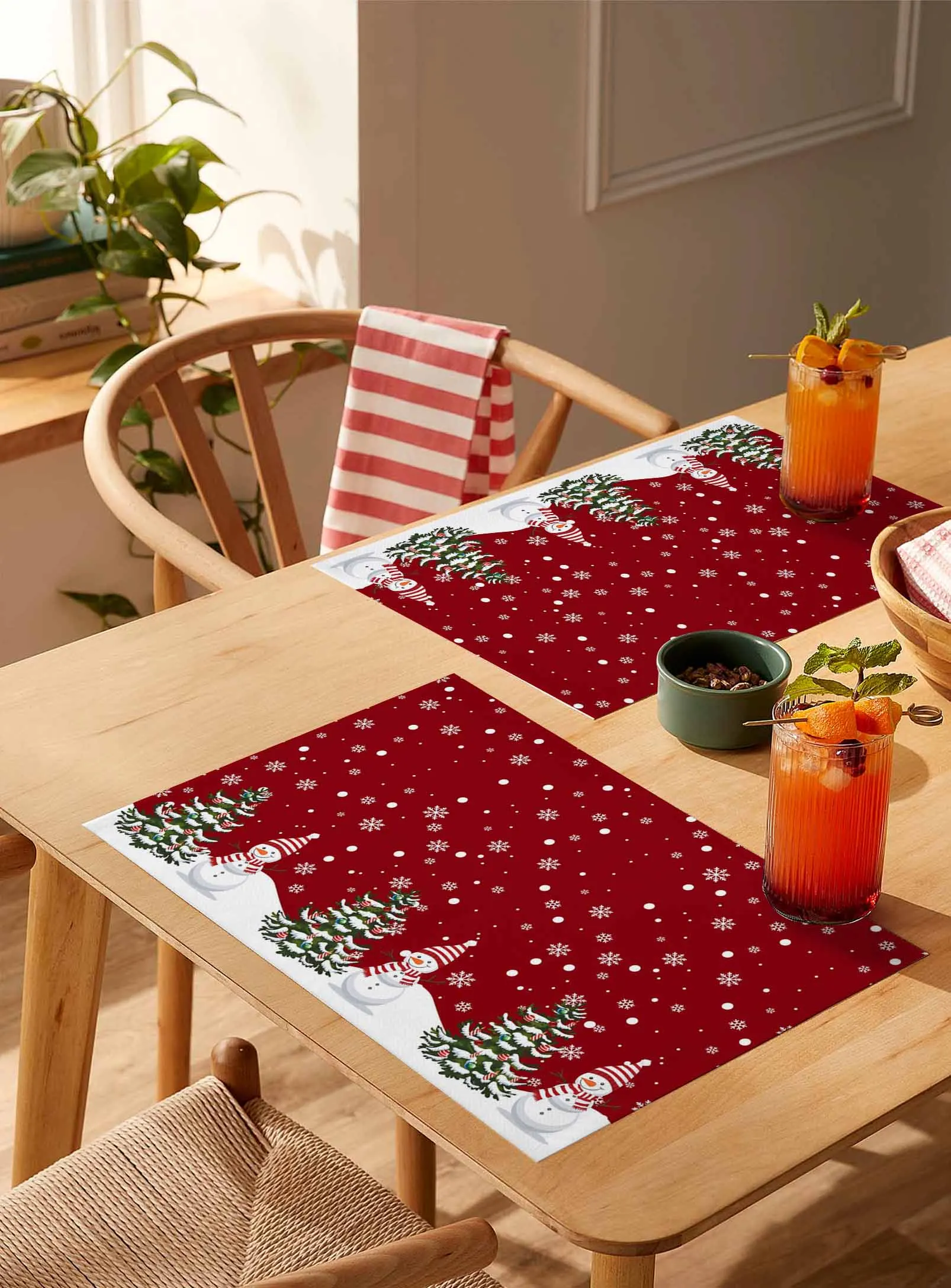 

4/6 Pcs Winter Red Christmas Tree Snowman Placemat Wedding Party Dining Decor Linen Table Mat Kitchen Accessories