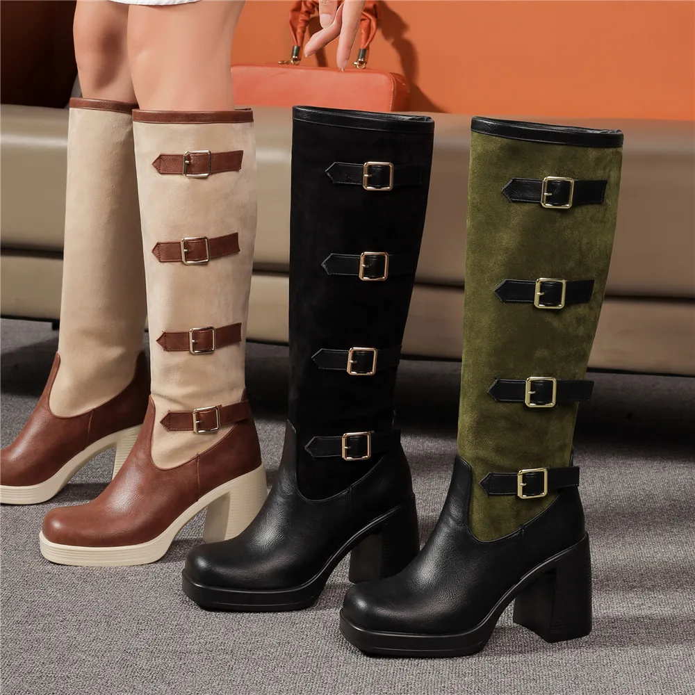 Women Boots Autumn Winter Long Tube Knight Booties Buckle Punk Gothic Classic Black ArmyGreen Platform High Heel Shoes Knee-High