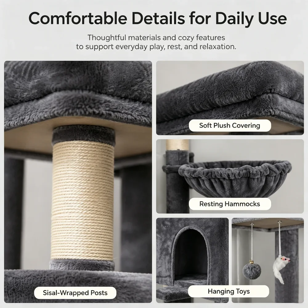 78.7in Tall Multi-Cat Cat Tree Tower with Double Condos, 2 Plush Hammock, Sisal Scratching Posts, 3 Interactive Toys, Wide Split Base for Litter Box, Indoor Cat Activity Furniture