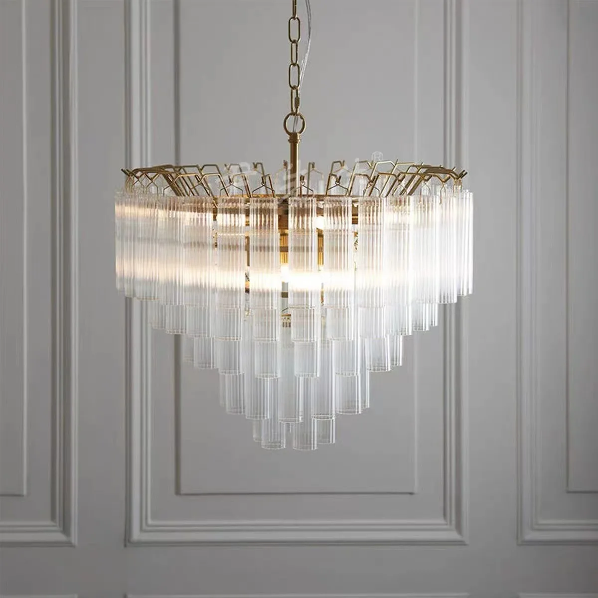 Art Deco Glass Tube Chandelier Multi-Tier Clear Rod Design Gold Frame Pendant Light for Living Room Dining Villa