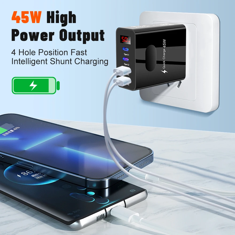 45W 4Port USB C Fast Charger Digital Display 2Type-C 2USB-A QC3.0 PD Wall Adapter EU/UK/US Plug for iPhone Xiaomi Samsung Huawei