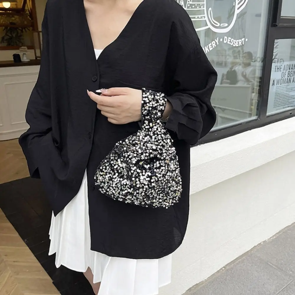 

Portable Paillette Knot Handbag Blingbling Cute Sequin Evening Bag Purse Giltter Wrist Bag Travel