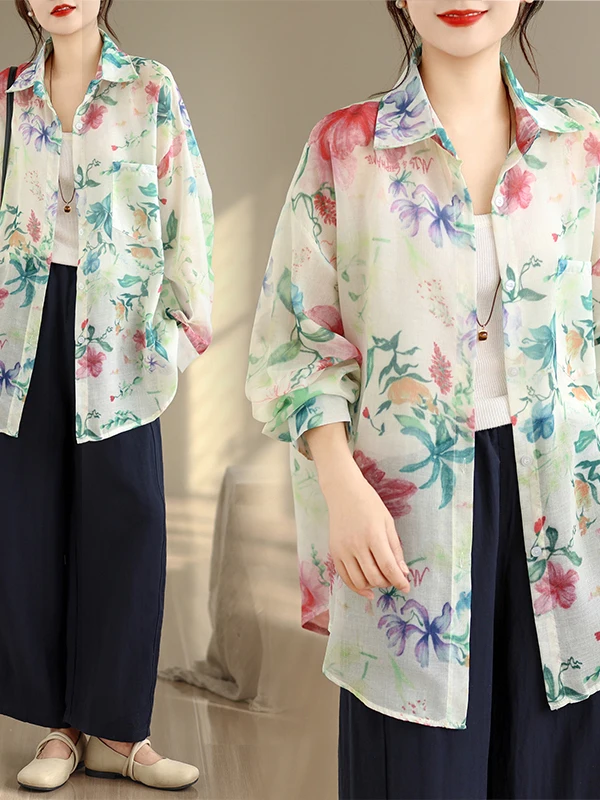 

Loose Long Sleeve Women's Shirt Cardigan New Arrival Single Button Casual Style Polyester Fiber Mid-Length Wave Pattern