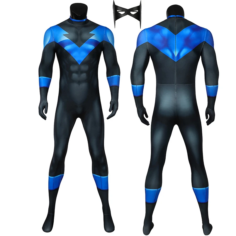 Blue Dick Cosplay Costumes 3D Printed Wing Cosplay Jumpsuit with Eye Mask Superhero Zentai Suit Halloween Costumes for Man