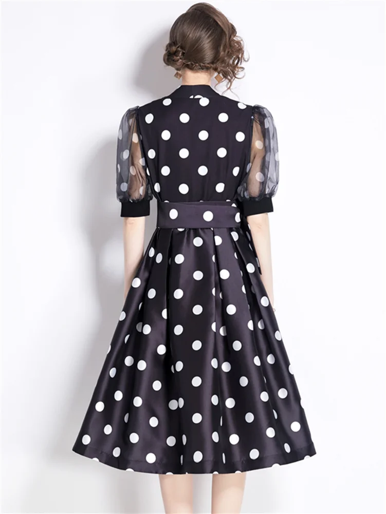 Elegant Dot Print Party Prom Dresses Women Chic Organza Puff Sleeve Bowknot Lace-up Summer Dress Big Hem Robes Female