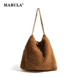 MABULA Brand Fluffy Faux Lamb Fur Shoulder Bag Plaited Chain 2 Pcs Set Female Simple Hobo Purse Plush Winter Tote Handbag